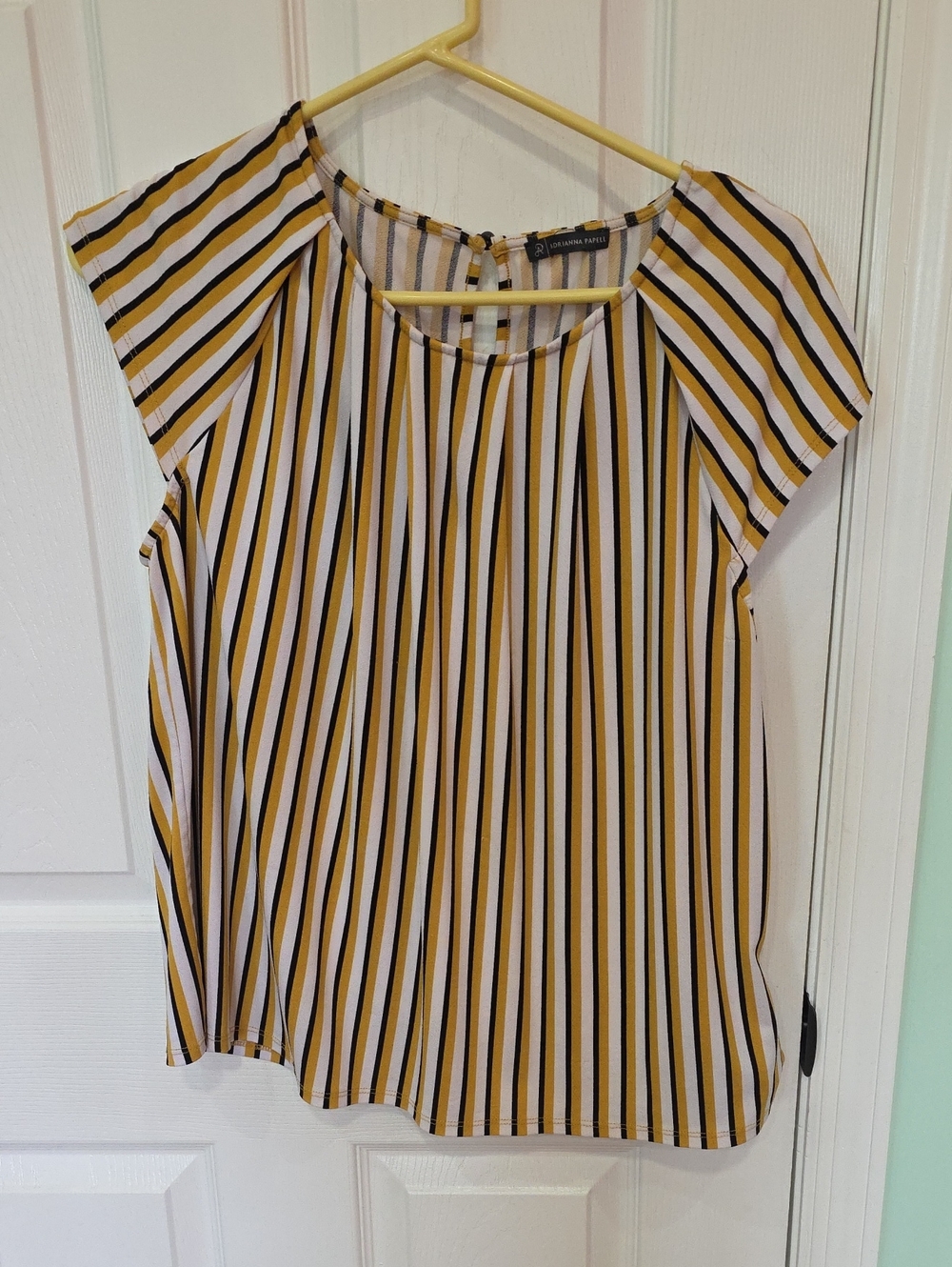 Adrianna Papell Striped Cap-Sleeve Blouse in Mustard, Black, and White